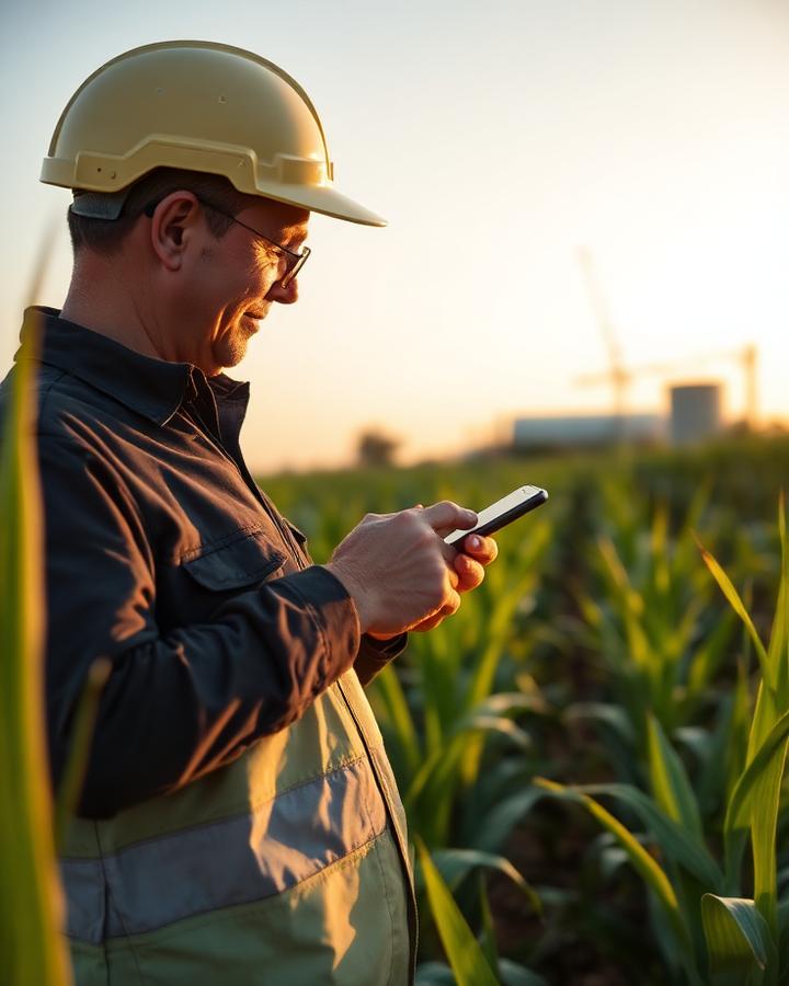 Técnico do agronegócio utilizando smartphone em plantação de cana ao entardecer