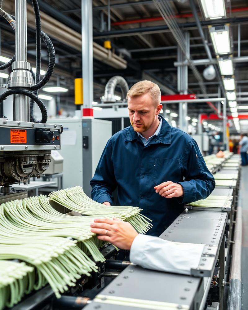 Engenheiro inspecionando linha de produção de componentes plásticos em fábrica limpa