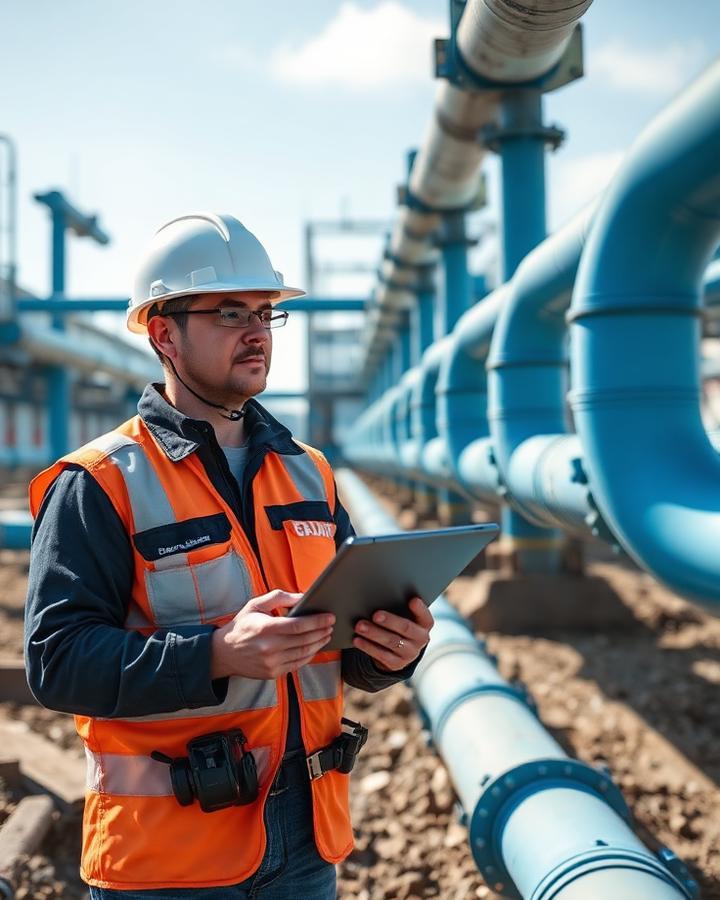 Técnico de campo com tablet inspecionando tubulações de distribuição de gás