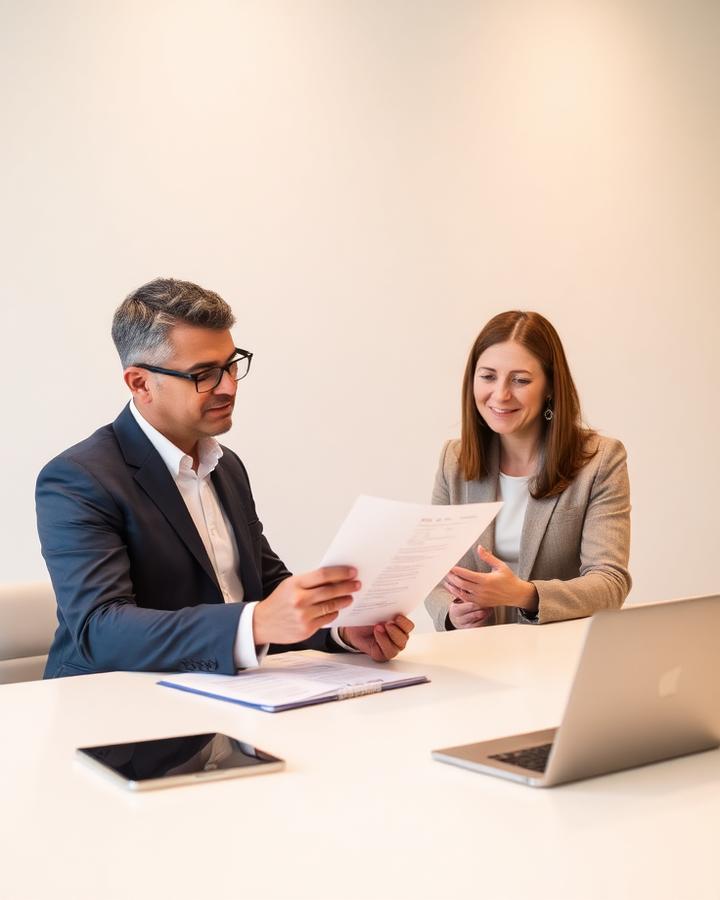 Consultor de cooperativa de crédito atendendo cliente em mesa de agência moderna