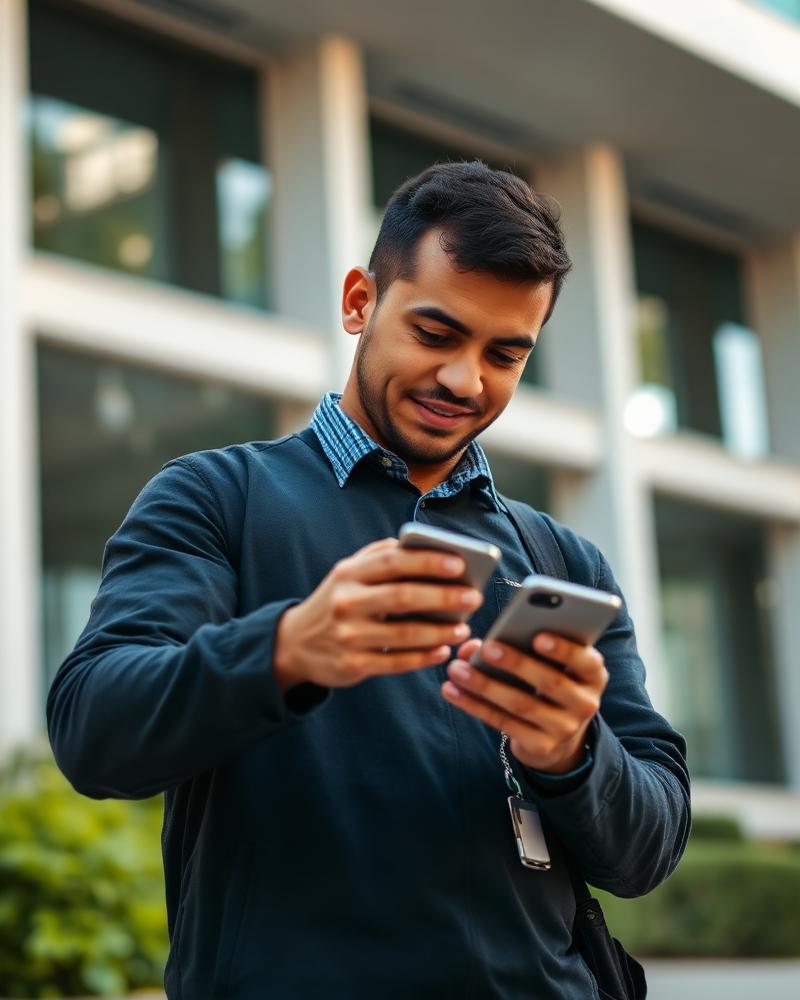 Cidadão acessando serviços públicos digitais pelo smartphone em frente a prédio governamental
