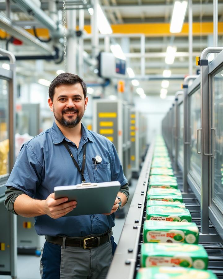 Supervisor de fábrica de alimentos acompanhando linha de embalagem com tablet
