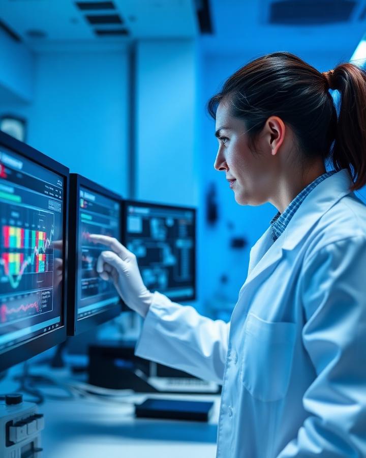 Profissional de laboratório acompanhando painéis digitais de controle de amostras