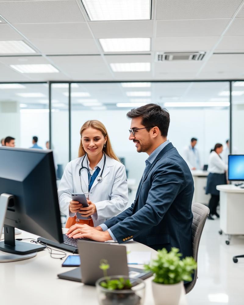 Equipe administrativa de cooperativa médica analisando aprovações digitais em escritório moderno