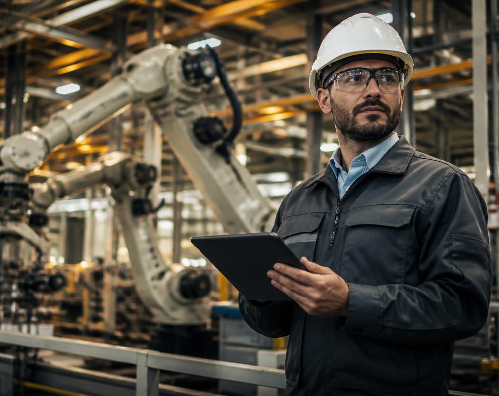 Engenheiro com capacete branco operando um tablet em fábrica automatizada