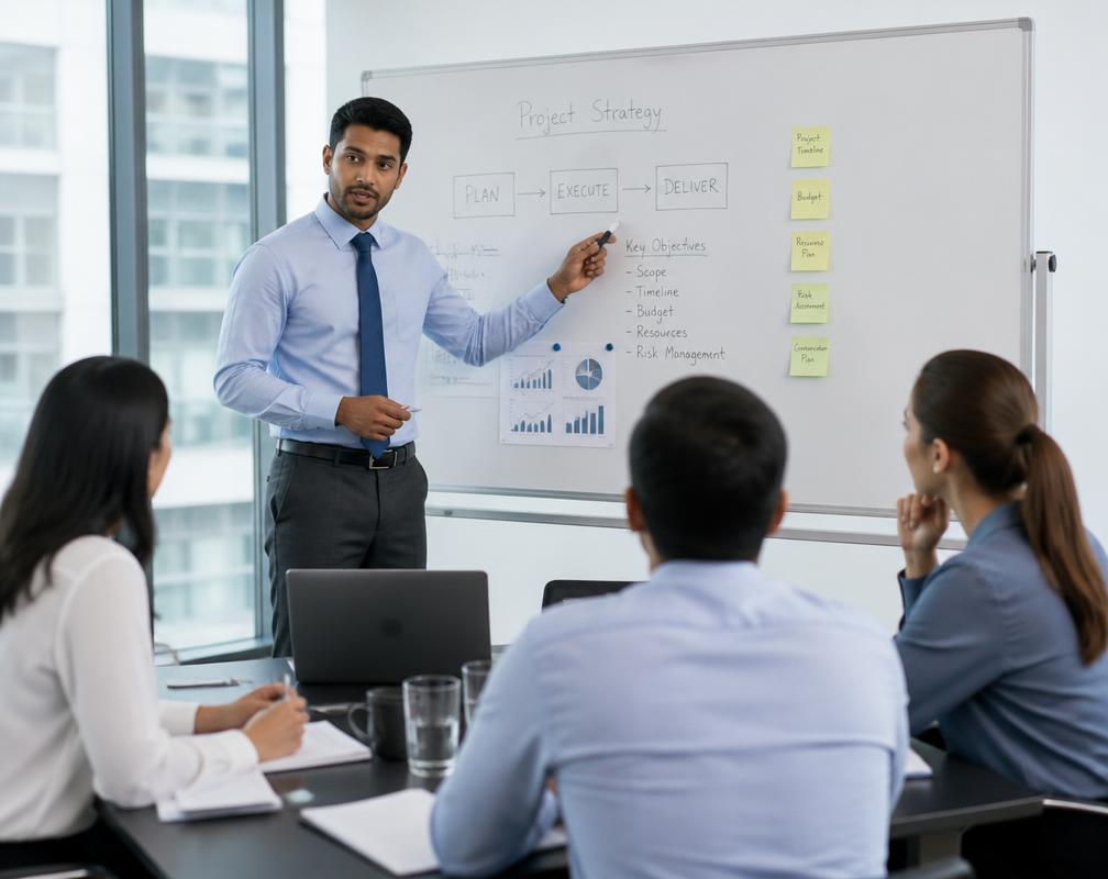 Consultor apresentando um plano de projeto em quadro branco para equipe corporativa